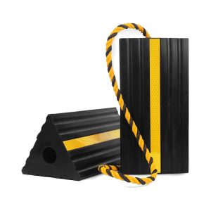 MaxxHaul 50019 Heavy Duty 3-Sided Rubber Wheel Chock with Yellow Reflective Strips and Nylon Rope and Non-Slip Base - 1 Pair