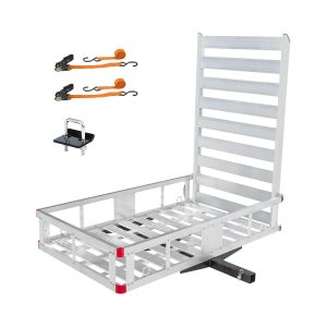 MaxxHaul 50910 50 inch x 29.5 inch Trailer Hitch Mount Aluminum Cargo Carrier with High Side Rails, 47 inch Ramp for RV, Truck, SUV, Van, Car - 500 lb. Capacity, with 2 of Tie Downs & Hitch Stabilizer