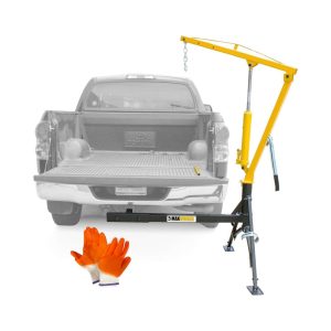 MaxxHaul 51958 1000 - lb Capacity Hitch Mount Heavy Duty Hydraulic Swivel Pickup Truck Crane w/ 3 Boom Capacities of 500 lbs, 750 lbs & 1000 lbs for 2”x 2” Hitch Receiver + Free Pair of Gloves